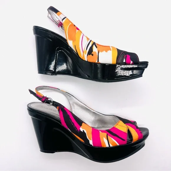 MARC FISHER Platform Peep Toe Wedges Sandals Shoes Multi Color Black Pat… - Picture 2 of 13
